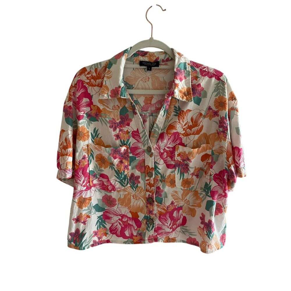 Rachel Zoe Linen Hawaiian Luau Tropical Boxy Top Women’s Size Large Button Crop